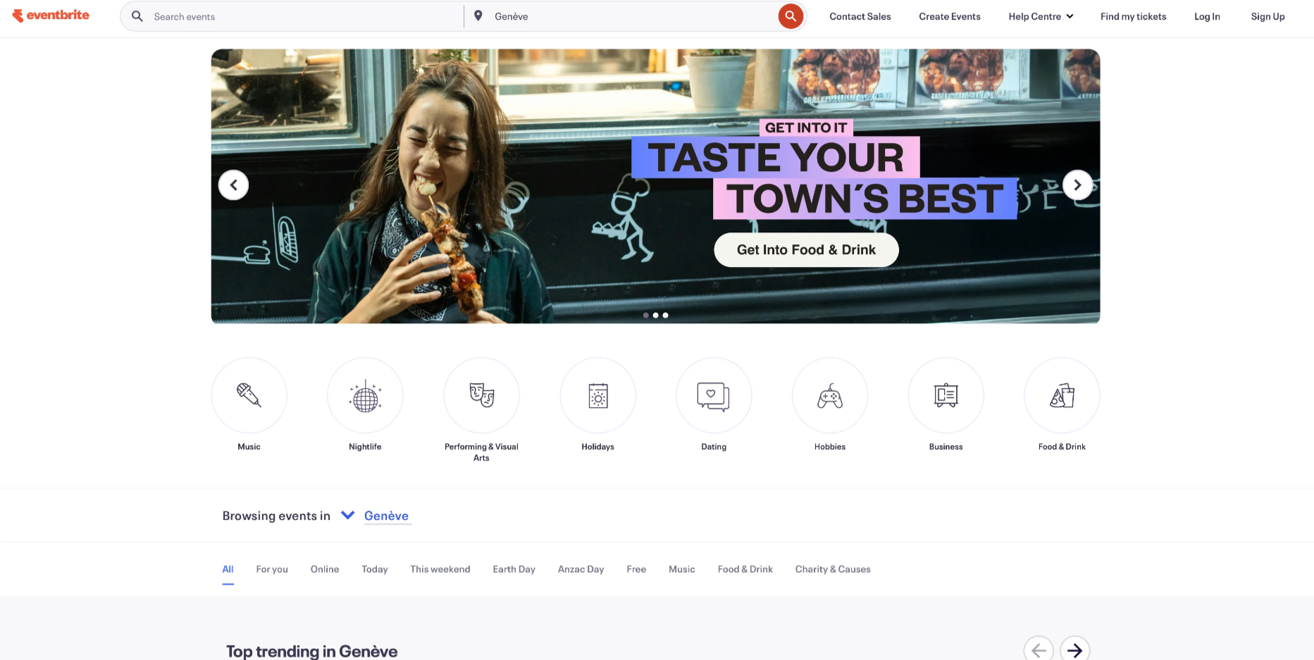 Page d’accueil Eventbrite avec une femme mangeant une brochette et un texte promotionnel « Taste Your Town’s Best ».