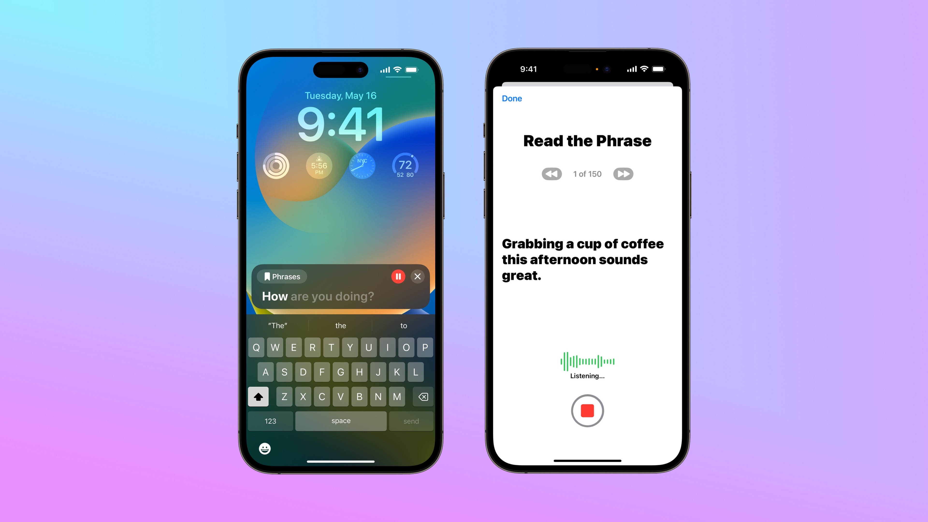 L’image représente deux iPhones qui montrent le processus de mise en place de la fonctionnalité de Live Speech & Personnal Voice (Parole en direct & voix personnelle) avec quelque cent-cinquante phrases à répéter.
