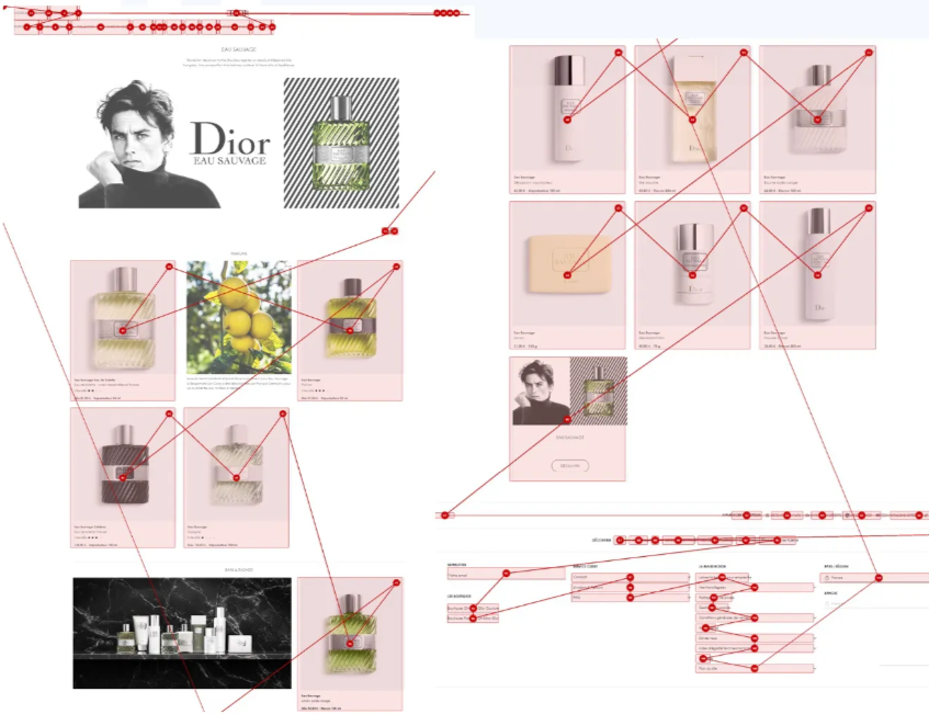 Eye-tracking heatmap on a Dior e-commerce page.