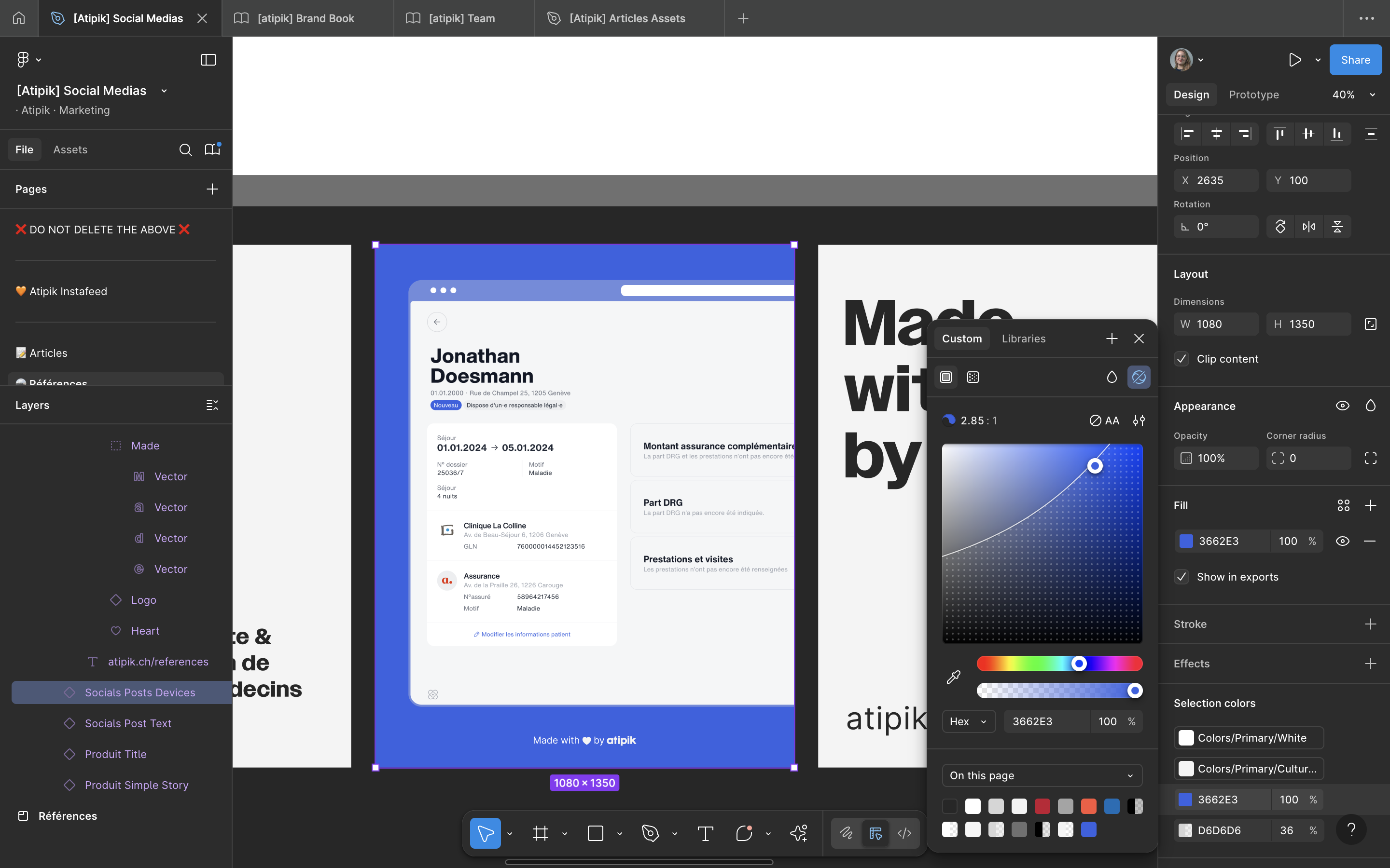 Capture d’écran de l’interface Figma affichant un projet Atipik, avec un prototype de fiche patient à l’écran.